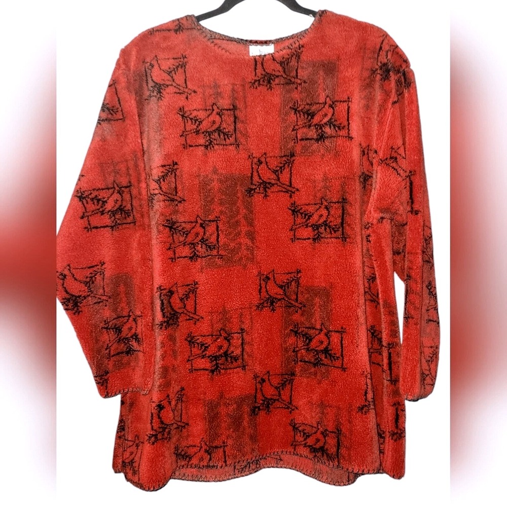 Vintage Red Cardinal Bird Print Fleece Pullover Top Cozy Long Sleeve Sweater